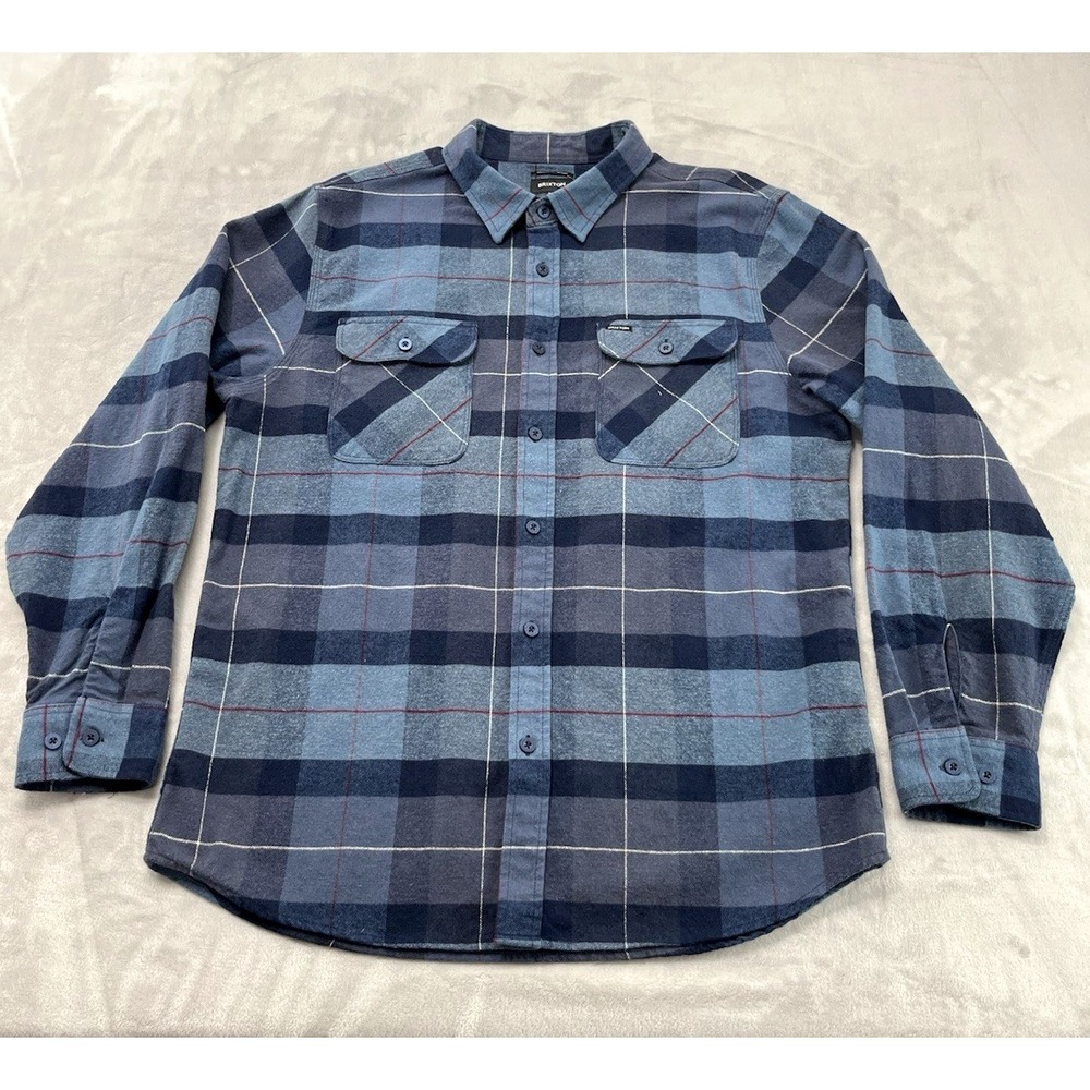 Brixton Bowery Flannel Shirt Men XLarge Blue Plaid Standard Fit Back Pleats City